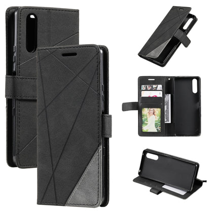 Black leather folio phone case, geometric stitched front, card slots