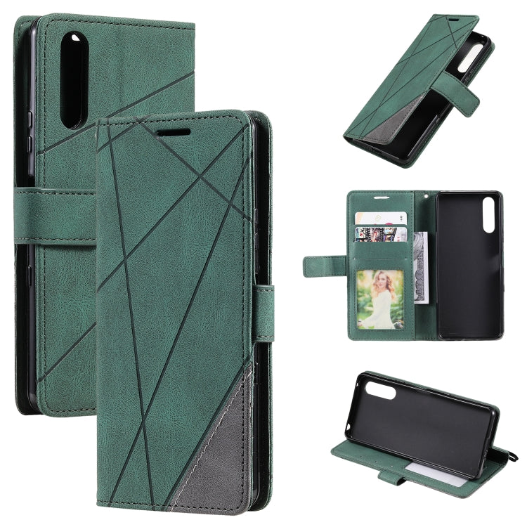 Green splicing leather flip phone case with card holder and stand for easy viewing