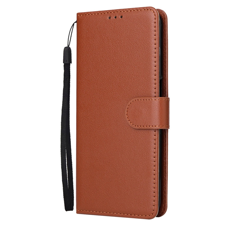 Brown leather phone case with 3 card slots, front flip cover, wrist strap