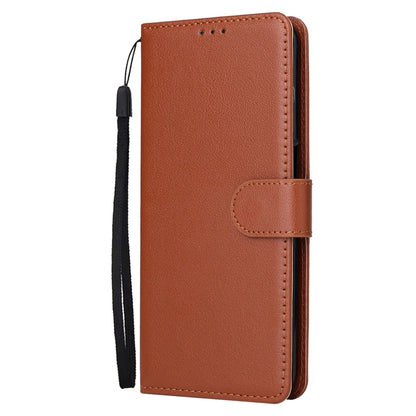 Brown leather phone case with 3 card slots, front flip cover, wrist strap