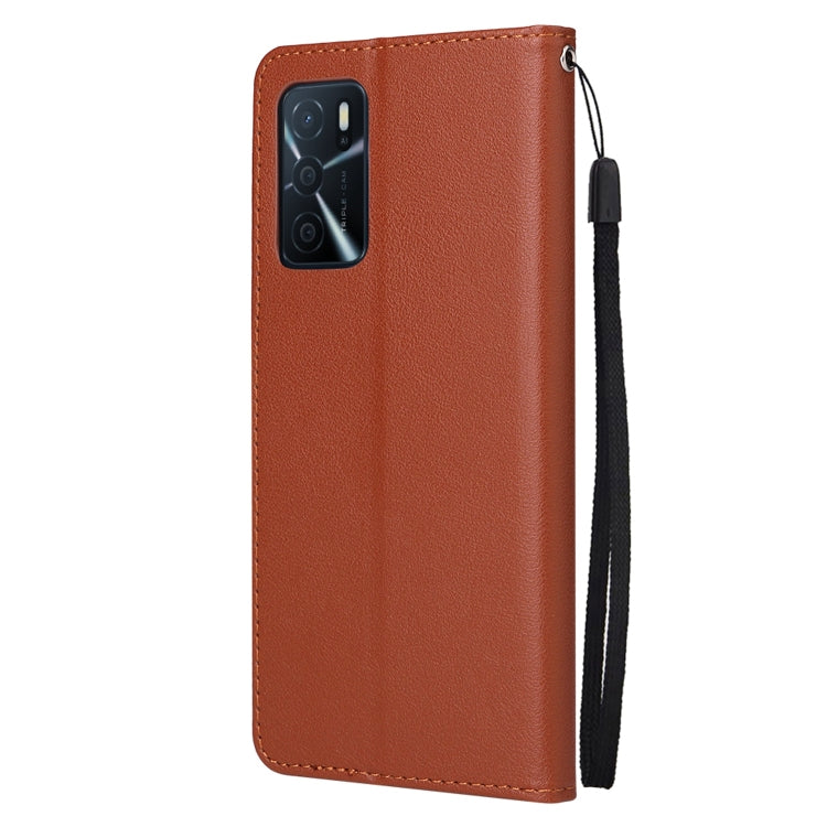 Brown leather phone case with cutout for camera, wrist strap, slim flip cover