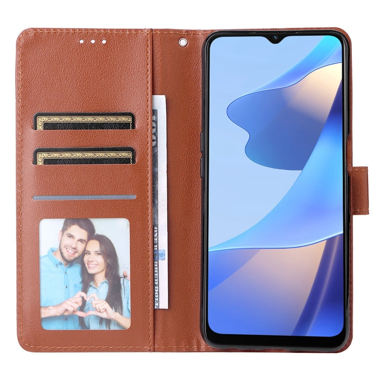 Brown leather phone case opened to show 3 card slots and photo window