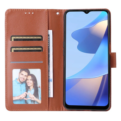 Brown leather phone case opened to show 3 card slots and photo window