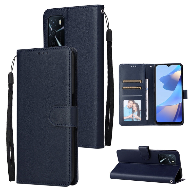Navy leather phone case with three card slots, flip cover, and wrist strap.