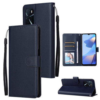 Navy leather phone case with three card slots, flip cover, and wrist strap.