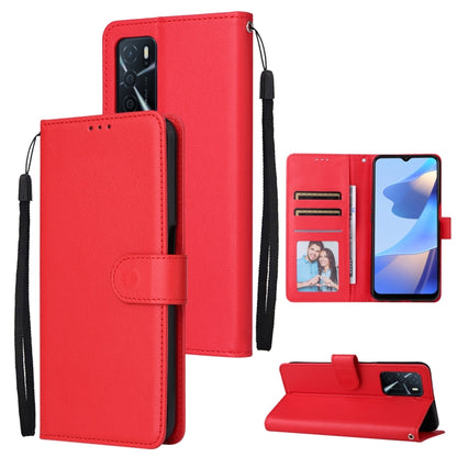 Red leather phone case with three card slots, flip cover, and wrist strap.