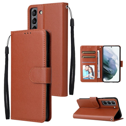 Brown leather phone case set: front, back, card holder window, and wrist strap