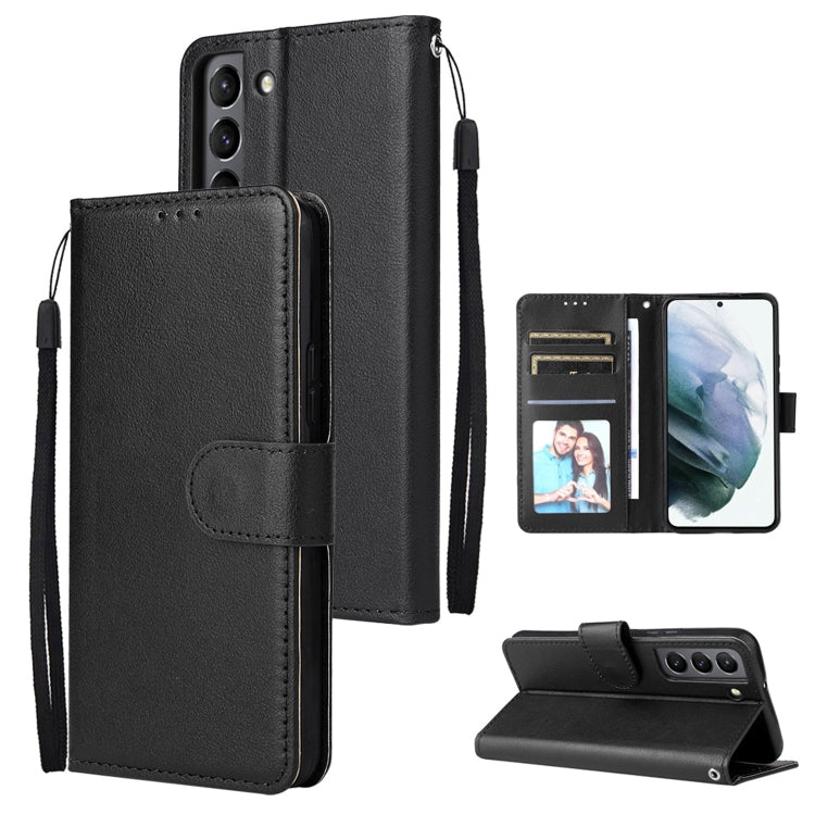 Black leather-look phone wallet case with 3 card slots, magnetic flap, wrist strap.