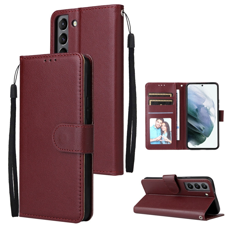 Wine red leather-look phone wallet case with 3 card slots and kickstand flip cover.