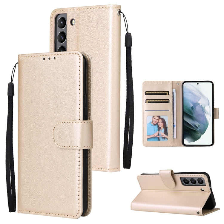 Light beige leather phone case with three card slots and flip cover with stand.