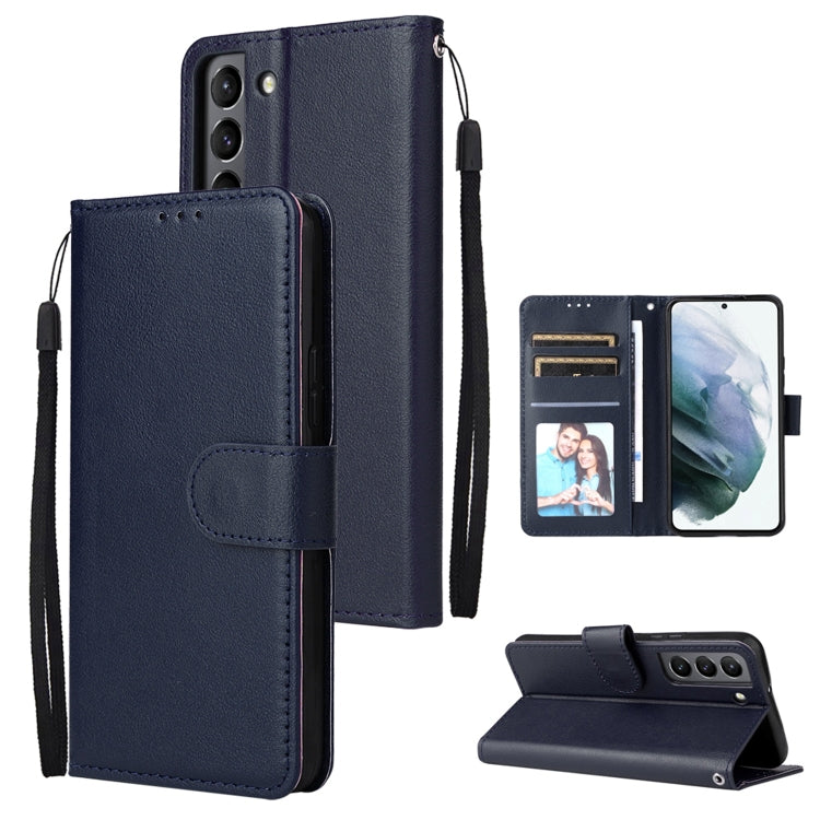 Dark navy leather phone case with three card slots, flip cover, and stand.