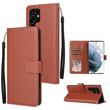 Rose-brown leather phone case set with card slots, photo window, and wrist strap