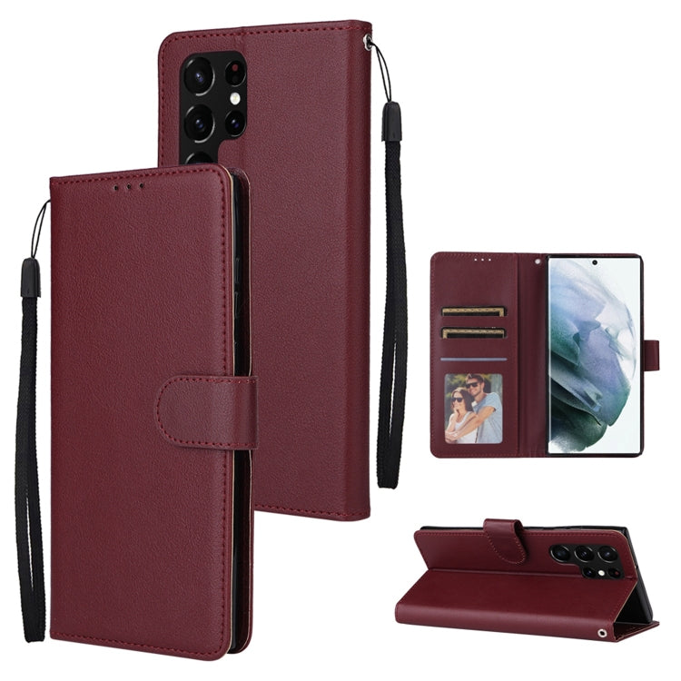 Wine red leather-look phone wallet case with 3 card slots, flip cover, wrist strap.