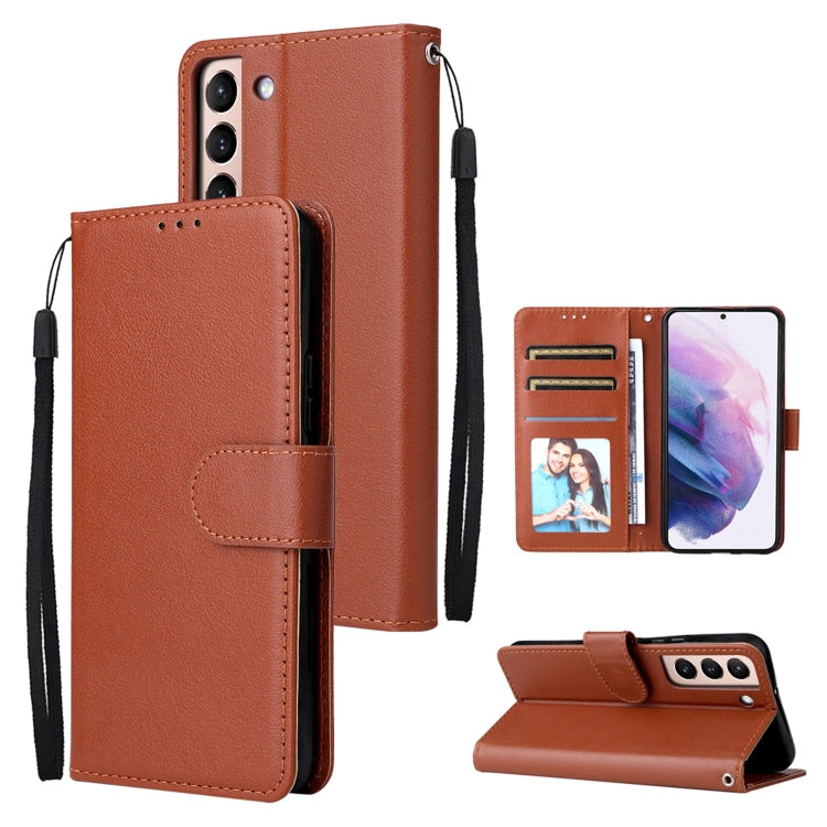 Brown leather phone case set with 3 card slots, photo window, and fold stand