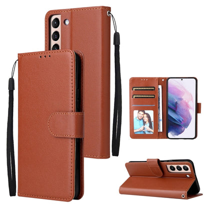 Brown leather phone case set with 3 card slots, photo window, and fold stand