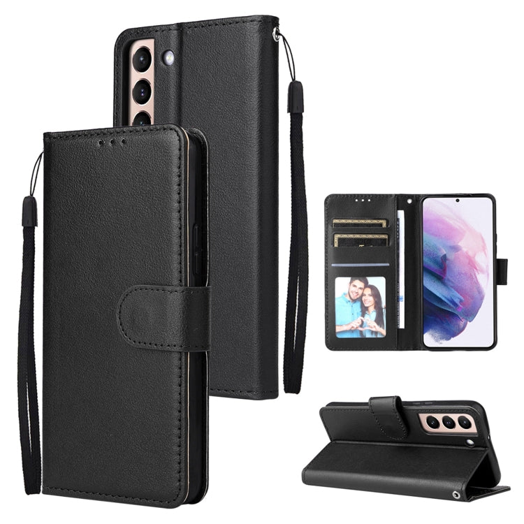 Black leather-look phone wallet case with 3 card slots and detachable wrist strap.