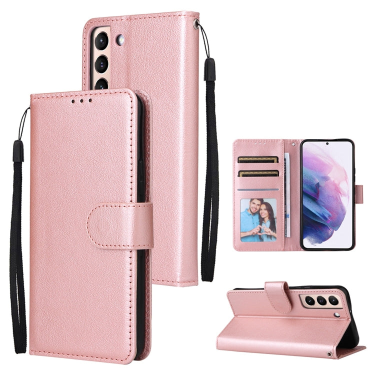 Rose pink leather-look phone wallet case with 3 card slots and opened card compartment.