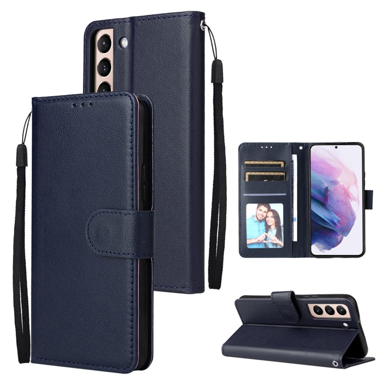 Navy leather phone case with three card slots, flip cover, and kickstand viewing angle.