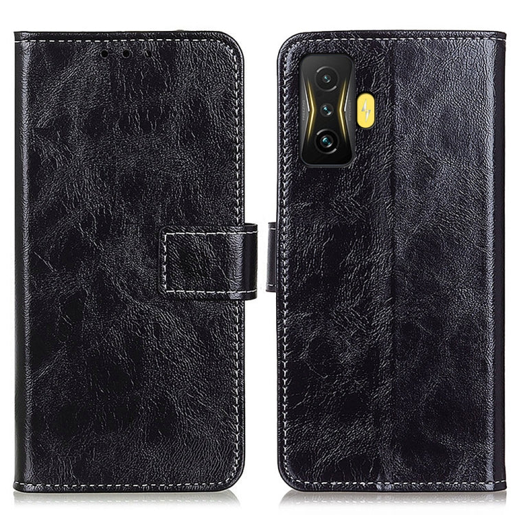 Black retro crazy horse leather phone case with flip cover, stitching, and cutouts
