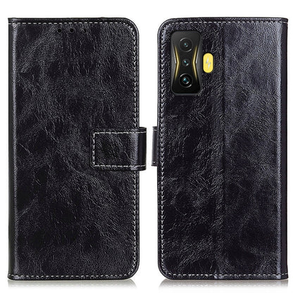 Black retro crazy horse leather phone case with flip cover, stitching, and cutouts