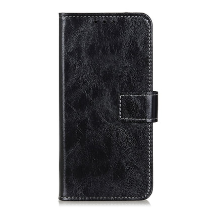 Black retro crazy horse leather phone case with front flip panel and side strap