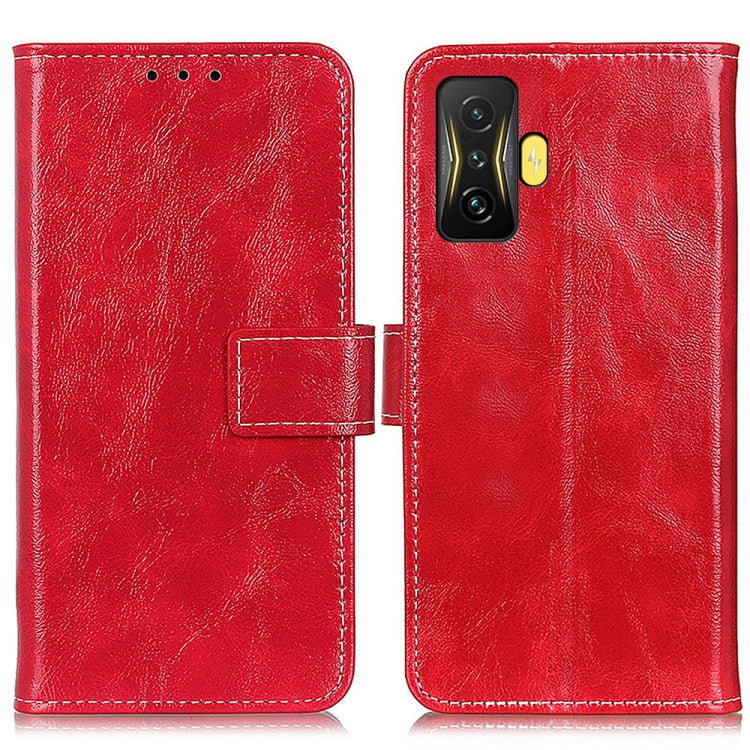 Red retro crazy horse leather phone case with flip cover and stitched closure