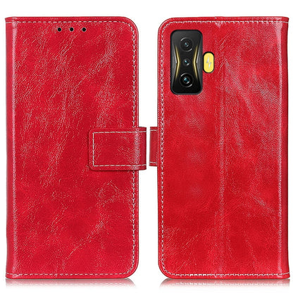 Red retro crazy horse leather phone case with flip cover and stitched closure