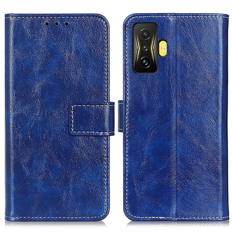 Blue retro crazy horse leather phone case with flip cover and camera cutout