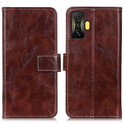 Brown retro crazy horse leather phone case with flip cover and stitched strap