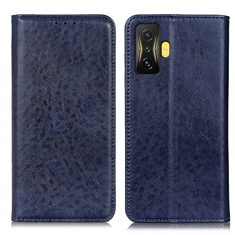Blue textured leather phone folio case with camera cutout and stitched edges