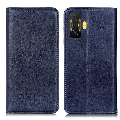 Blue textured leather phone folio case with camera cutout and stitched edges