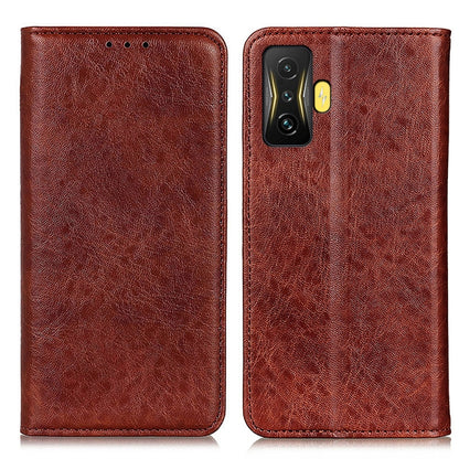 Brown textured leather phone folio case with camera cutout and stitched edges