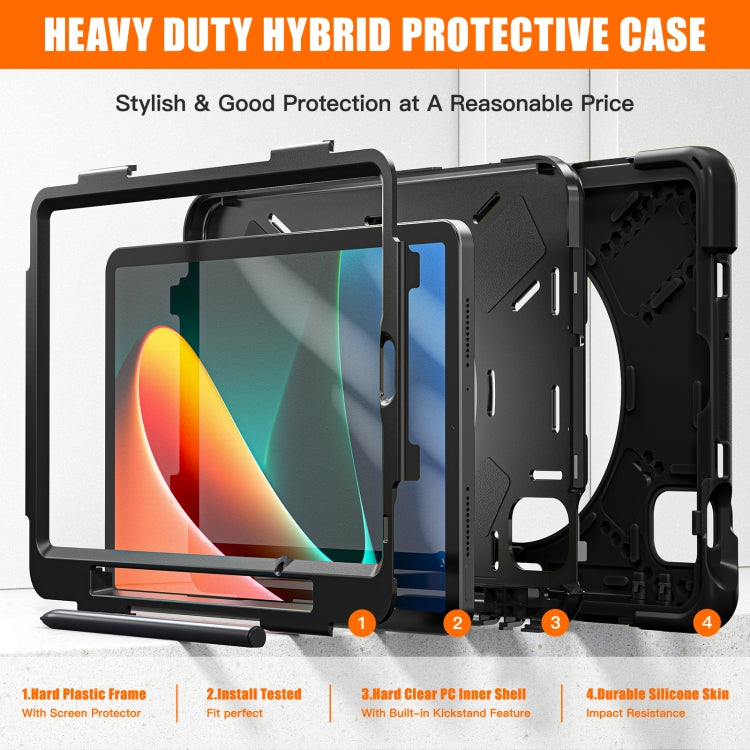 Black rugged tablet case shown open, revealing multi-layer protection