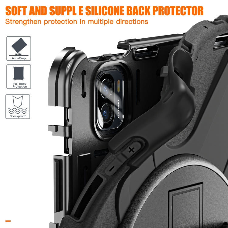 Black silicone-and-plastic tablet case with camera cutout and grip cover
