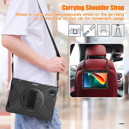 Black tablet case with shoulder strap worn over a shirt