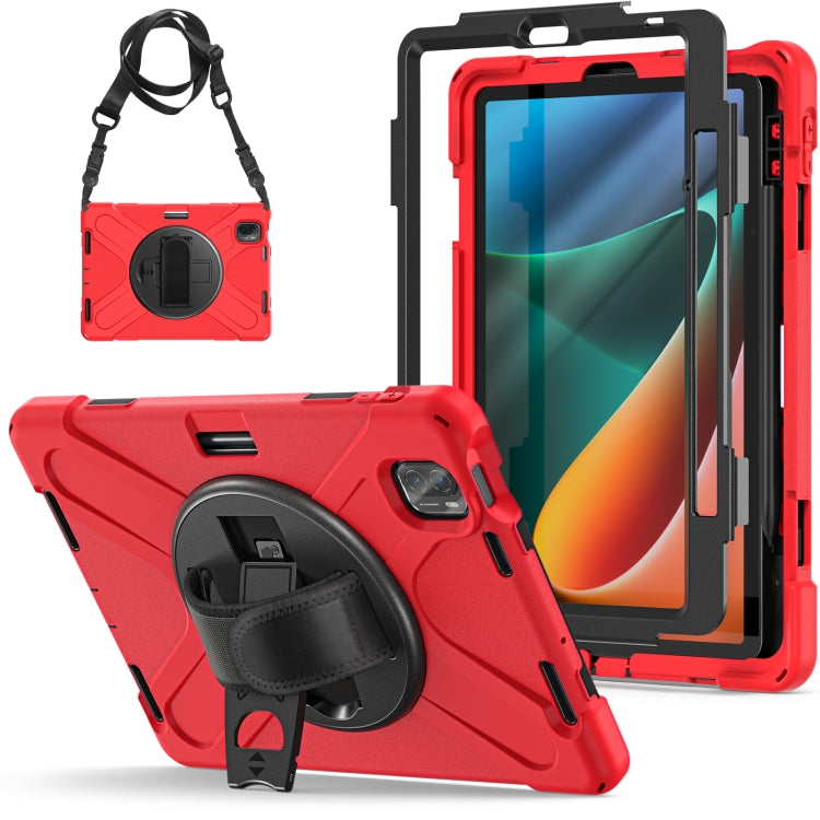 Red heavy-duty tablet case with shoulder strap and kickstand ring holder