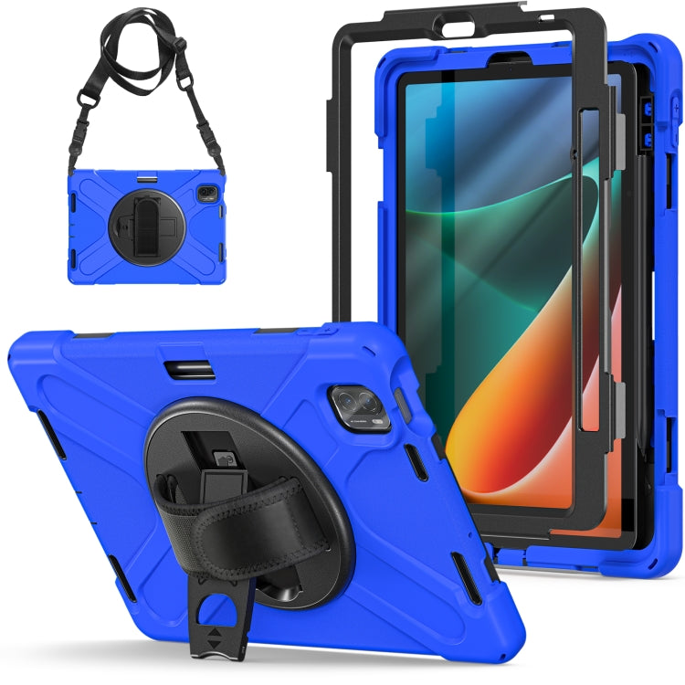 Blue rugged tablet case with shoulder strap and circular ring holder