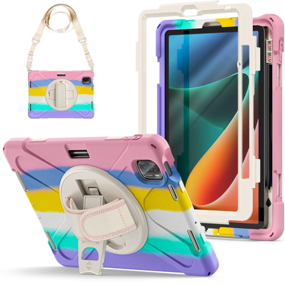 Colorful pink tablet case with shoulder strap and circular ring holder