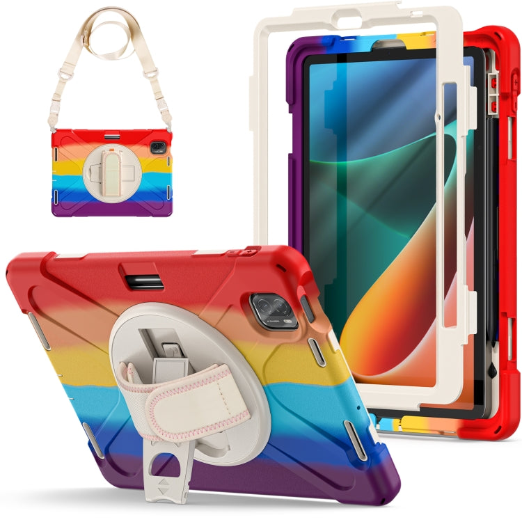 Colorful tablet case with kickstand, hand strap, and camera/port cutouts