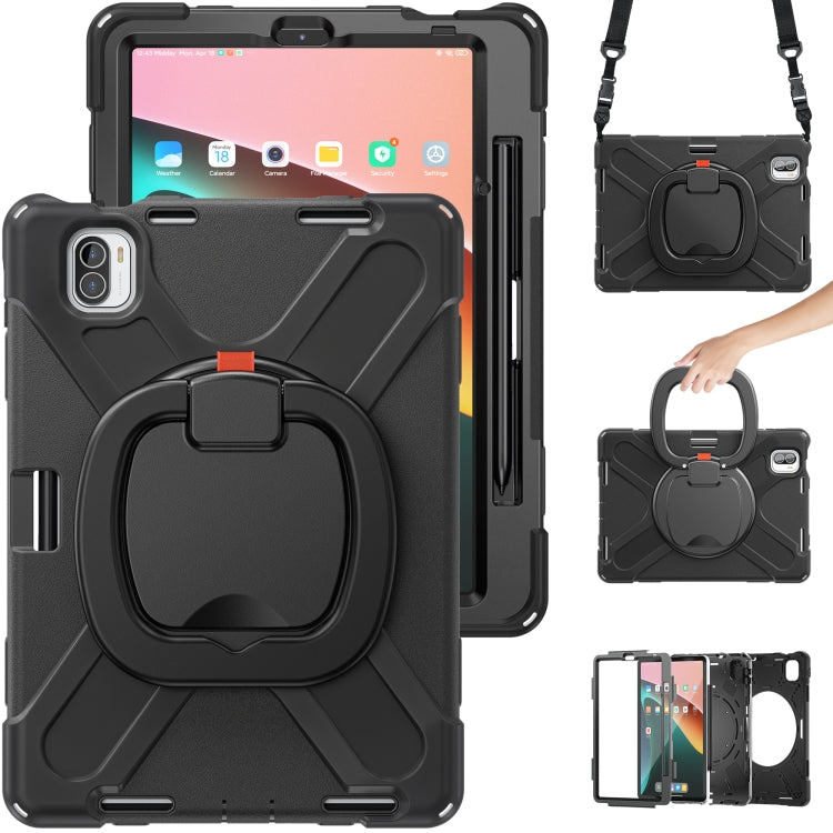 Black protective tablet case with kickstand handle, rear cover, and lanyard strap