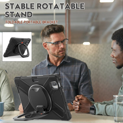 Black tablet protective case with foldable rotating stand bracket for tabletop use
