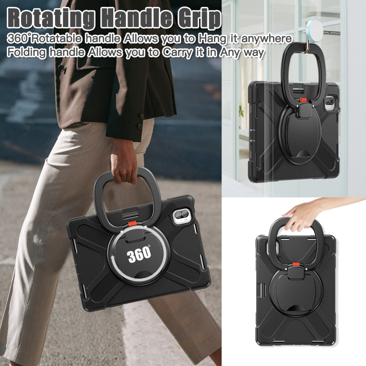 Black tablet protective case with 360° rotating handle grip and carry strap