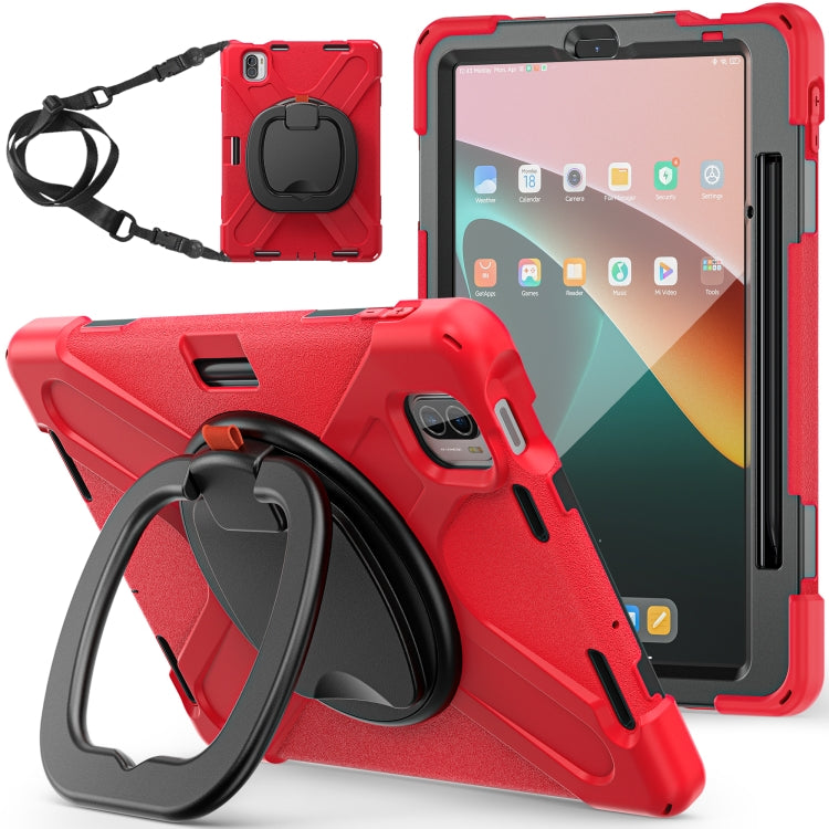 Red rugged tablet protective case with rotating grip and shoulder strap