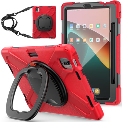Red rugged tablet protective case with rotating grip and shoulder strap