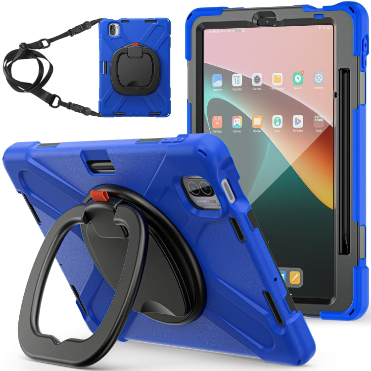 Blue rugged tablet protective case with rotating grip and shoulder strap
