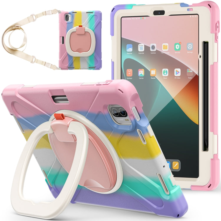 Colorful pink tablet protective case with rotating grip and crossbody strap