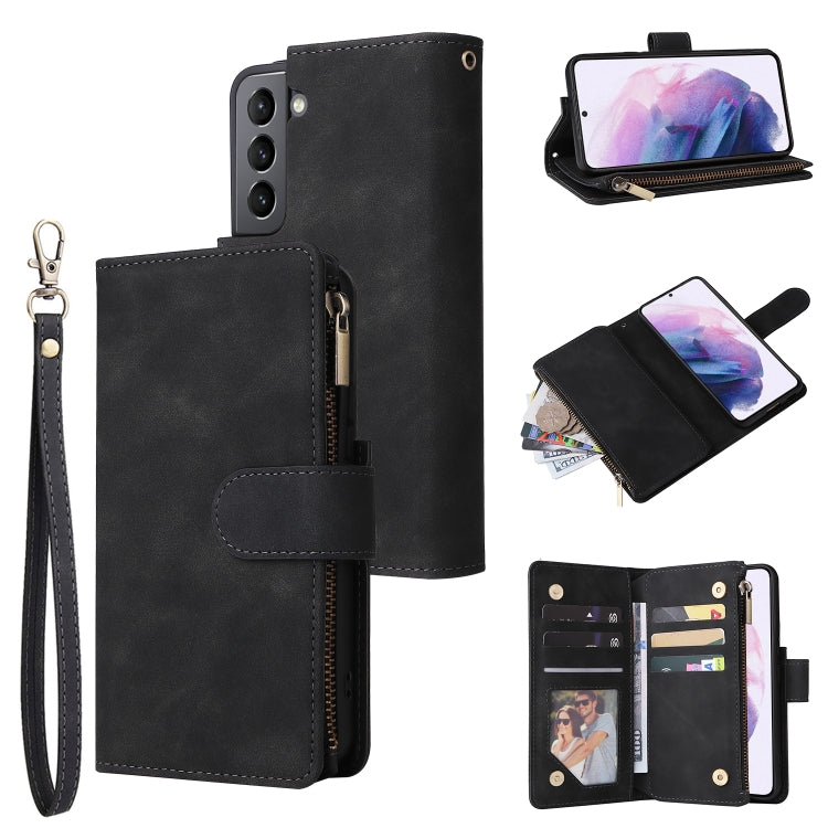 Black leather phone wallet case with wrist strap, zipper pocket and card slots