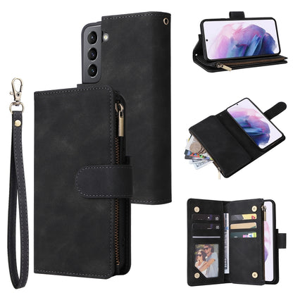 Black leather phone wallet case with wrist strap, zipper pocket and card slots
