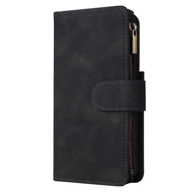 Black leather flip phone wallet case with front flap and back zipper pocket