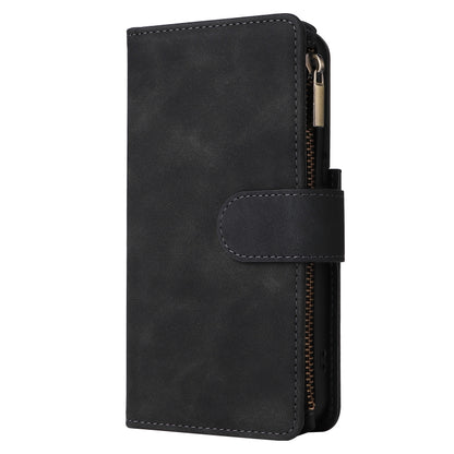 Black leather flip phone wallet case with front flap and back zipper pocket
